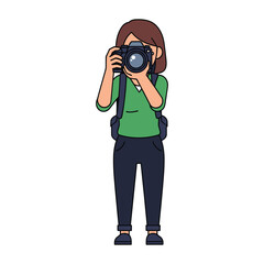 Woman with backpack taking photo with DSLR camera photographer photography