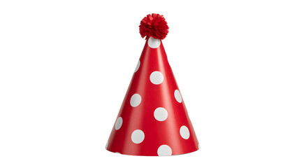 A festive red polka dot party hat with a fluffy pom pom on top isolated on transparent background