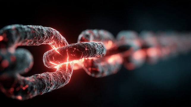A chain with one glowing red weak link, a metaphor for the Theory of Constraints (TOC) and business bottlenecks.