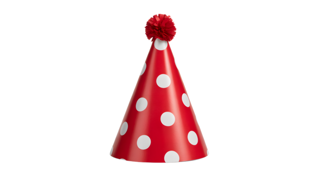 A festive red polka dot party hat with a fluffy pom pom on top isolated on transparent background