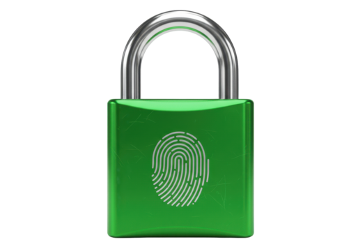 Isolated green fingerprint padlock depicts security and personal identity protection