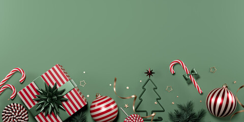 Christmas decorations with candy canes, ornaments, and a gift on a green background. 3d rendering