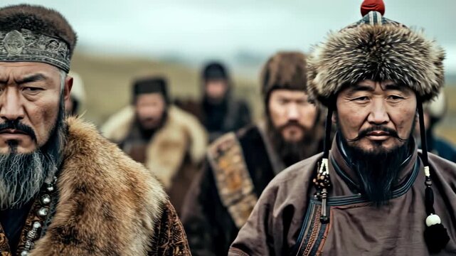 A cinematic representation showcasing a stern tatar-mongol Khan, richly dressed in furs, and his company of warriors set against a vast grassland during daytime. Watch the video to learn more