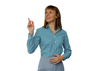 Woman getting idea, pointing up, smiling, finding solution, contemplating, presenting, transparent background