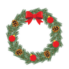 A Christmas wreath decorated with brightly colored ornaments, pine cones, pine branches, and decorative elements.