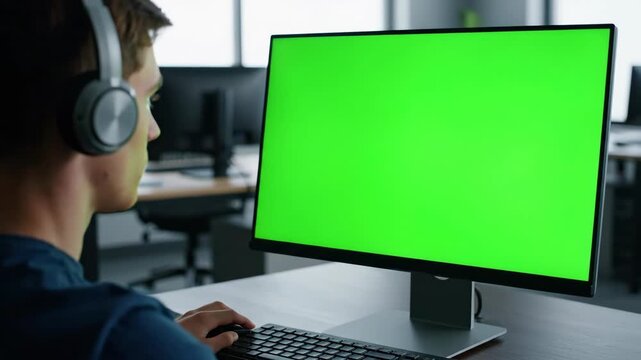 A young man with headphones works on a computer with a green screen. Over the shoulder view of an employee in a modern office. Chroma key monitor for mockup and screen replacement