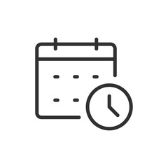 Calendar with clock, linear icon. Scheduled task or time planning. Line with editable stroke.