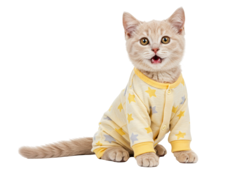 Isolated charming peach kitten wearing pajamas sitting with an open mouth looking at camera