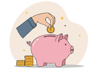 A hand deposits a coin into a pink piggy bank overflowing with money. A cheerful illustration promoting savings and financial goals. Bright, modern style.