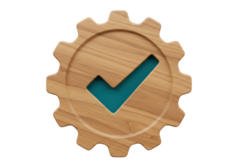 Isolated Wooden gear with a check mark inside indicating success, a job well done, or a victory