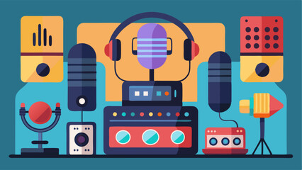 A display of various microphones and mixers for recording podcasts and radio shows.