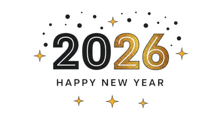 Happy new year 2026 isolated on transparent background with golden and black numbers, stars and confetti for a festive celebration design