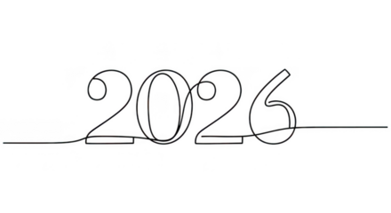 Continuous line drawing of the numbers 2026, isolated on transparent background grainy