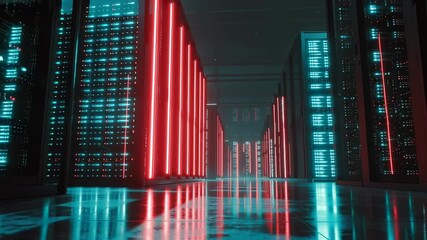 Futuristic Data Center with Laser Light Scanning Technology Passing Through Dimly Lit Aisles - Powered by Adobe
