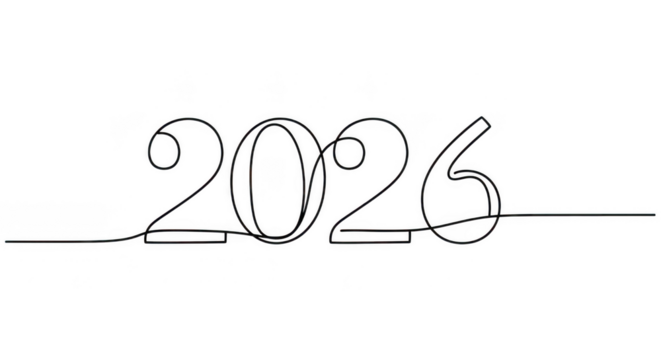 Continuous line drawing of the numbers 2026, isolated on transparent background grainy