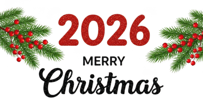 Festive 2026 merry christmas greeting card isolated on transparent background featuring red glitter numbers and black script with pine branches and berries