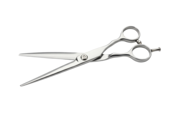Isolated silver-tone shears with offset handle and narrow blades for precision haircutting