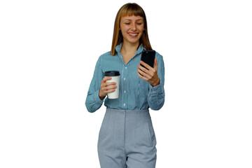 Fototapeta premium Woman smiling holding smartphone and coffee cup, using mobile app, enjoying digital communication on transparent background