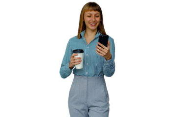 Woman smiling holding smartphone and coffee cup, using mobile app, enjoying digital communication on transparent background