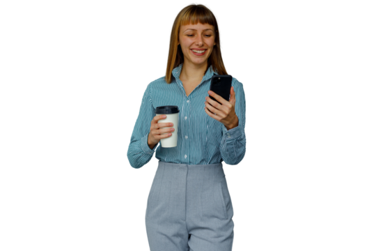 Woman smiling holding smartphone and coffee cup, using mobile app, enjoying digital communication on transparent background - Powered by Adobe