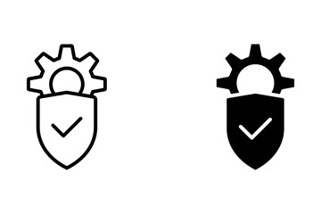 Vector illustration of gear with shield and check mark. Icon of firewall. Symbol of safety and insurance service.
