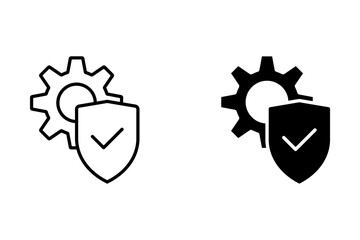 Vector illustration of gear with shield and check mark. Icon of firewall. Symbol of safety and insurance service.