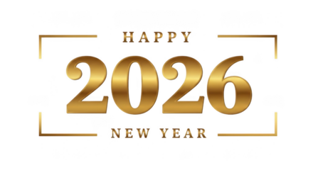 Happy new year 2026 text with golden numbers and border, isolated on transparent background