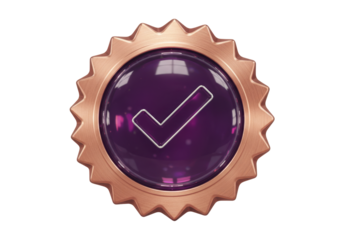 Isolated Rose gold approval seal with purple insert and checkmark symbol for validation icon