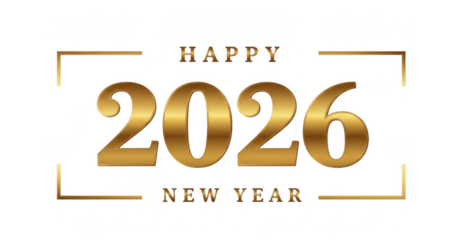 Happy new year 2026 text with golden numbers and border, isolated on transparent background