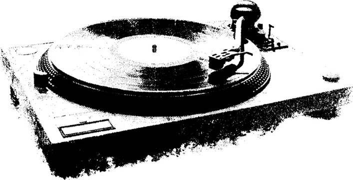 Vintage vinyl record player in high contrast black and white for retro music design
