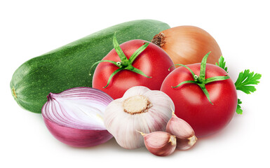Pile of vegetables. Zucchini, onions, tomatoes, garlic with two segments isolated on white background