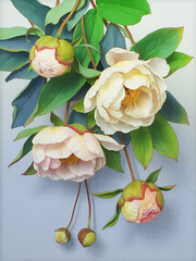 Delicate white peony blossoms with green leaves gracefully arching downwards in a gentle arrangement
