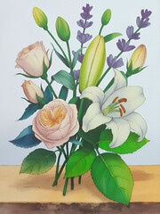 Delicate pastel flower arrangement featuring roses lilies and lavender blossoms