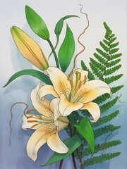 Delicate pale yellow lilies and green fern accented by green leaves