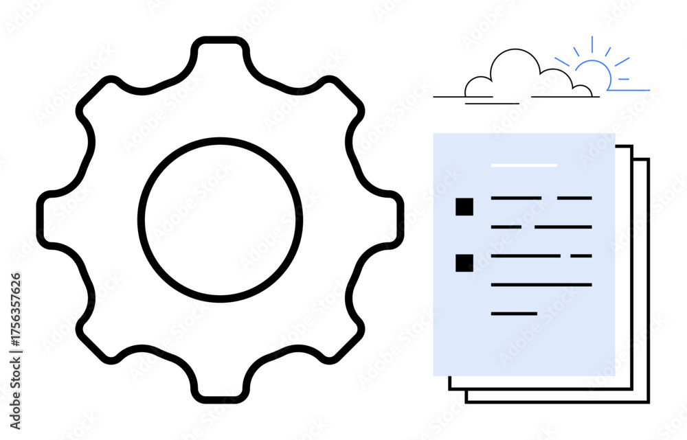 Wall mural gear symbol next to documents and cloud, representing system optimization, data storage, and process