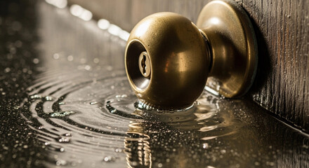 A close-up of a brass doorknob partially submerged in water, with ripples forming around it. The scene conveys the impact of flooding and water damage.