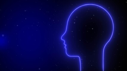 Glowing blue neon outline of a human head profile against a dark starry background light