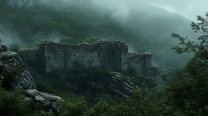 Eerie view of a weathered stone castle ruin shrouded in mist, nestled amidst a dark, moody forest, evoking a sense of mystery and desolation