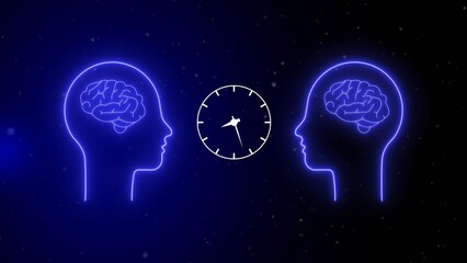 Two blue neon human heads with brains inside facing each other with a white clock in the middle on a dark starry background
