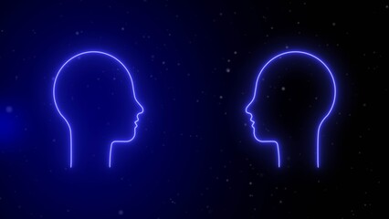 Two glowing blue neon human head outlines facing each other against a dark starry background profile