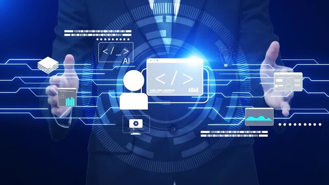 Modern web development concept featuring coding symbols, web development process, web development interface, and web development tools with futuristic design.