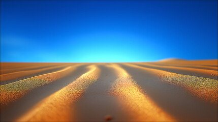 Naklejka premium Golden sand dunes under deep blue sky in desert landscape, concept of travel, nature, and endless horizon.