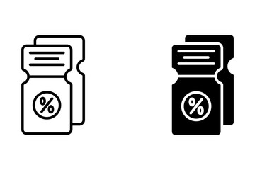 Two discount coupon icons, one in line style and one in solid style, isolated on white background. Perfect for websites and apps.