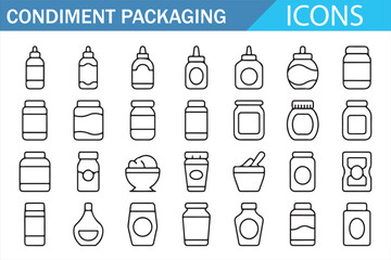 Condiment Packaging Icons Collection - Line Art of Various Bottles, Jars, and Containers for Sauces and Seasonings
