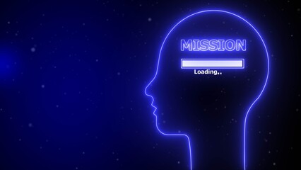 Blue neon outline of a human head with the word mission and a loading bar inside image