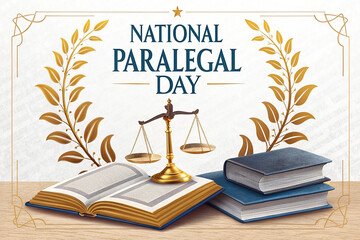"National Paralegal Day Celebration – Legal Books, Scales of Justice, and Laurel Design Honoring Paralegals and Legal Professionals"
