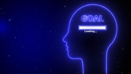 Blue neon outline of a human head with the word goal and a loading bar inside image