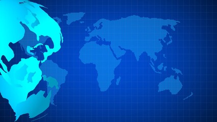 Glowing blue digital globe and world map on a grid background earth