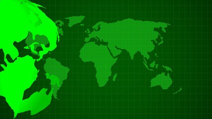 Glowing green digital world map with continents and grid lines globe technology