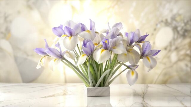 Iris flowers in vase on marble table with soft background  in modern interior
